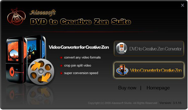 DVD to Creative Zen Suite screen
